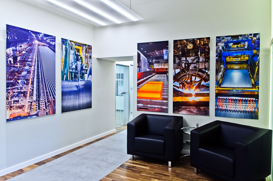 modern office interior with black leather armchairs